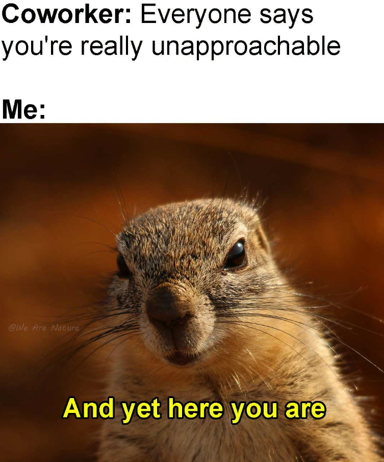 Coworker: Everyone says you're really unapproachable Me: @We Are Nature And yet here you are