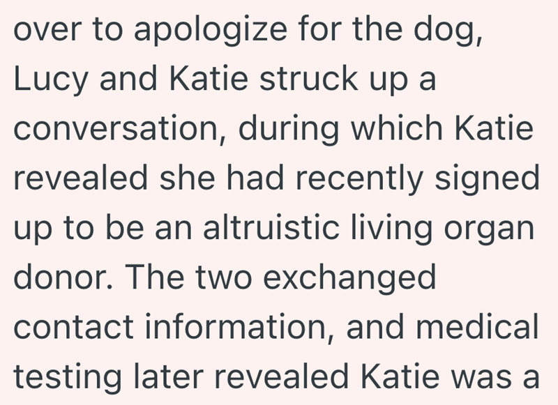 over to apologize for the dog, Lucy and Katie struck up a conversation, during which Katie revealed she had recently signed up to be an altruistic living organ donor. The two exchanged contact information, and medical testing later revealed Katie was a