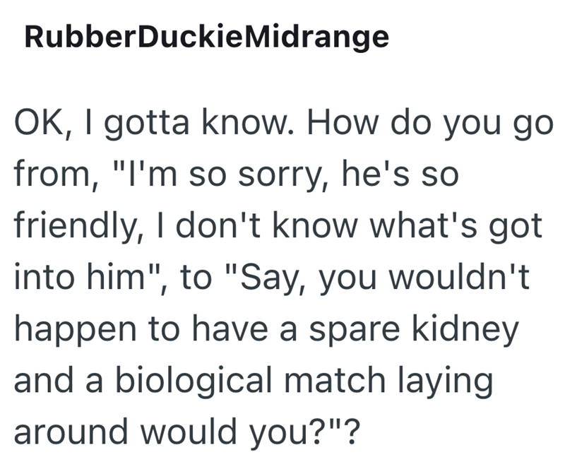 Rubber DuckieMidrange OK, I gotta know. How do you go from, "I'm so sorry, he's so friendly, I don't know what's got into him", to "Say, you wouldn't happen to have a spare kidney and a biological match laying around would you?"?