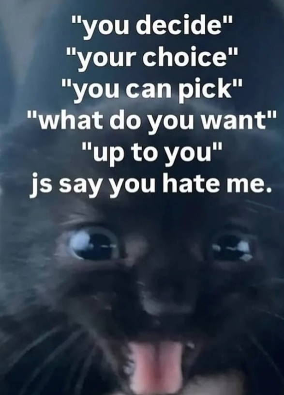 "you decide" "your choice" "you can pick" "what do you want" "up to you" js say you hate me.