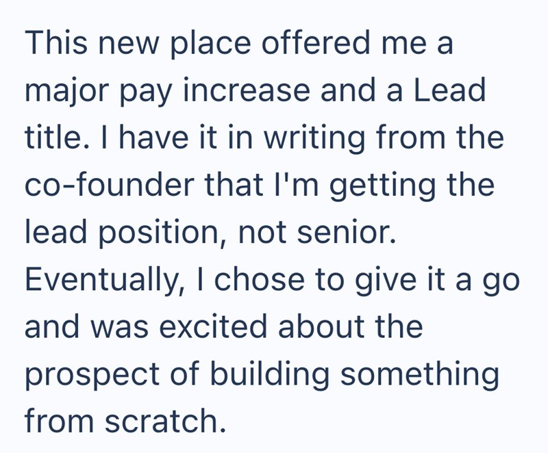 This new place offered me a major pay increase and a Lead title. I have it in writing from the co-founder that I'm getting the lead position, not senior. Eventually, I chose to give it a go and was excited about the prospect of building something from scratch.