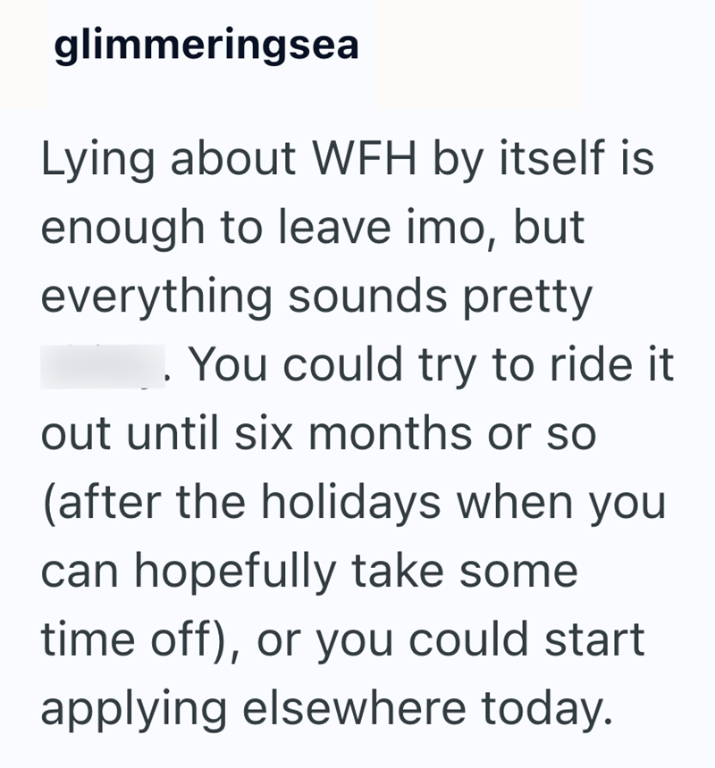 glimmeringsea Lying about WFH by itself is enough to leave imo, but everything sounds pretty You could try to ride it out until six months or so (after the holidays when you can hopefully take some time off), or you could start applying elsewhere today.