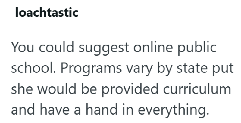 loachtastic You could suggest online public school. Programs vary by state put she would be provided curriculum and have a hand in everything.