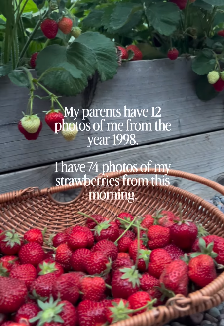 My parents have 12 photos of me from the year 1998. I have 74 photos of my strawberries from this morning.