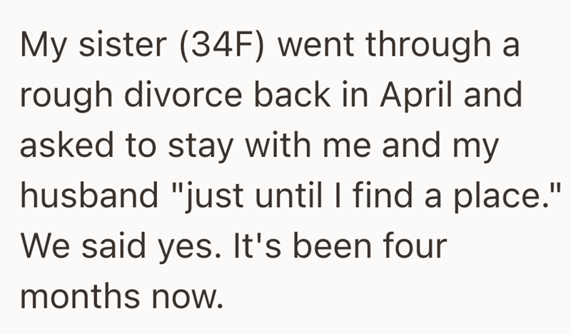 My sister (34F) went through a rough divorce back in April and asked to stay with me and my husband "just until I find a place." We said yes. It's been four months now.