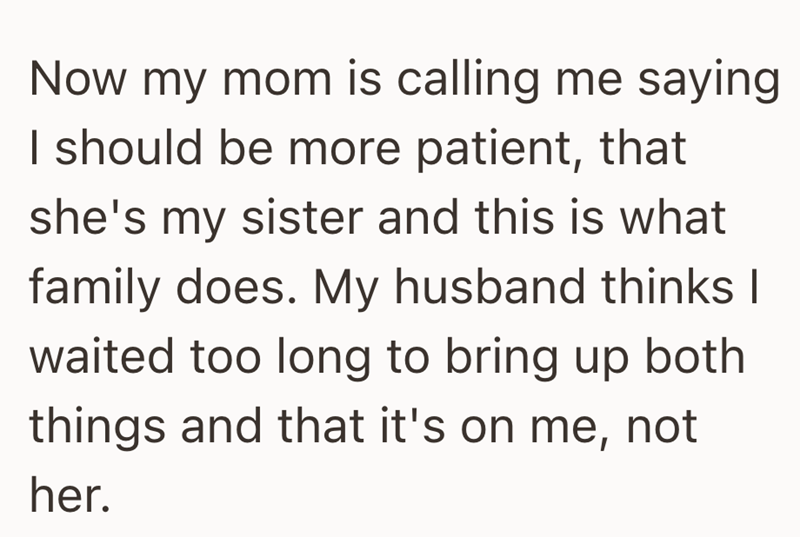 Now my mom is calling me saying I should be more patient, that she's my sister and this is what family does. My husband thinks I waited too long to bring up both things and that it's on me, not her.