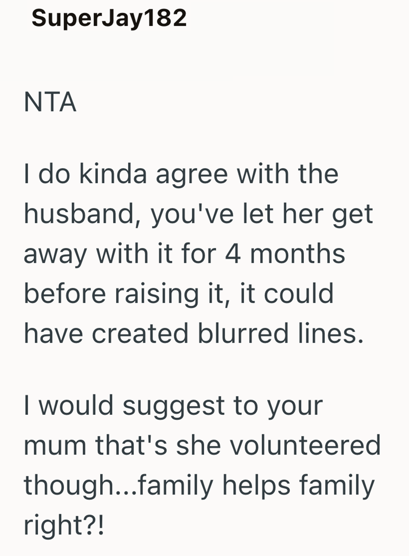 SuperJay182 NTA I do kinda agree with the husband, you've let her get away with it for 4 months before raising it, it could have created blurred lines. I would suggest to your mum that's she volunteered though...family helps family right?!
