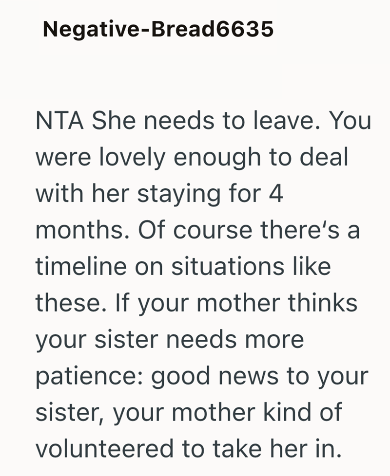 Negative-Bread6635 NTA She needs to leave. You were lovely enough to deal with her staying for 4 months. Of course there's a timeline on situations like these. If your mother thinks your sister needs more patience: good news to your sister, your mother kind of volunteered to take her in.