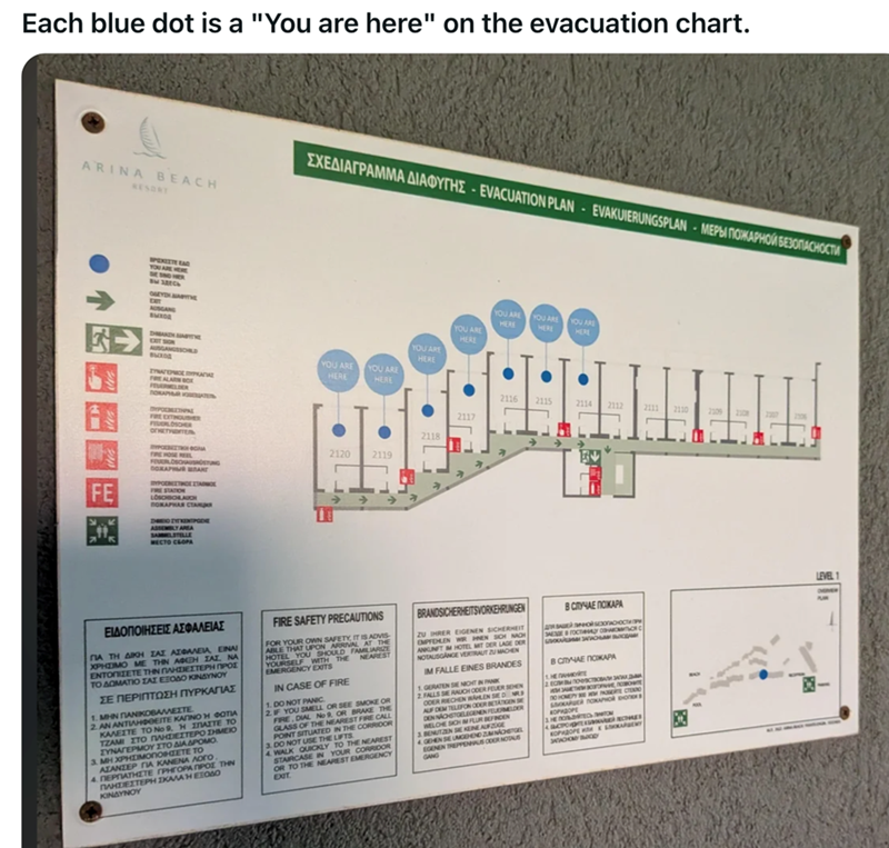 Each blue dot is a "You are here" on the evacuation chart. ARINA BEACH RESORY . EXEAIATPAMMA AIAOYTHE EVACUATION PLAN EVAKUIERUNGSPLAN - MEPBITOKAPHOW SE30NACHOCTM > SPEKEZTE EAD YOU ARE HERE BM3300 OGEYHARITIE EXT AUSCAN BUXOR AUSGANGSSCHILD выход ZYNATIONE SYPKANAL FIRE ALARM BOX FE 11 FEVERMELDER TOKAPYAR TYPOMETIPAL FIRE EXTINGUISHER FEUERLOSCHER OFNETHBITER ПРОВЕСТИИ Всли FIRE HOSE REEL FEVERLOSCHAUSAOSTUNG DONAPHUR MAN YPOENITINGE TAONGE FIRE STATION LOSCHICHLAUCH ПОЖАРНАЯ СТАНЦИЯ DOZYTKEN