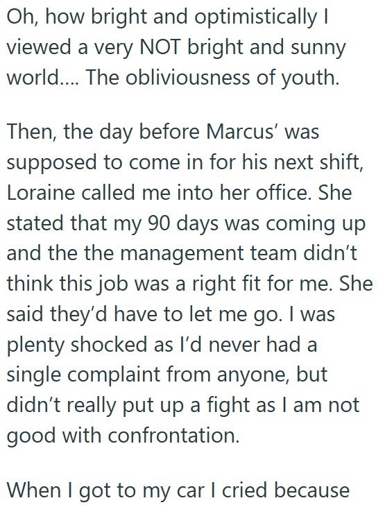 Oh, how bright and optimistically I viewed a very NOT bright and sunny world.... The obliviousness of youth. Then, the day before Marcus' was supposed to come in for his next shift, Loraine called me into her office. She stated that my 90 days was coming up and the the management team didn't think this job was a right fit for me. She said they'd have to let me go. I was plenty shocked as I'd never had a single complaint from anyone, but didn't really put up a fight as I am not good with confront