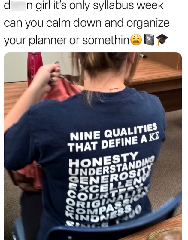 d n girl it's only syllabus week can you calm down and organize your planner or somethin⭑ NINE QUALITIES THAT DEFINE Α ΚΣ HONESTY. UNDERSTANDING GENEROSITY EXCELLENC COURT ORIGINA KINDNESS