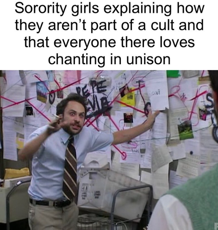 Sorority girls explaining how they aren't part of a cult and that everyone there loves chanting in unison PETE 178