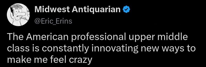 Midwest Antiquarian ❤ @Eric Erins The American professional upper middle class is constantly innovating new ways to make me feel crazy