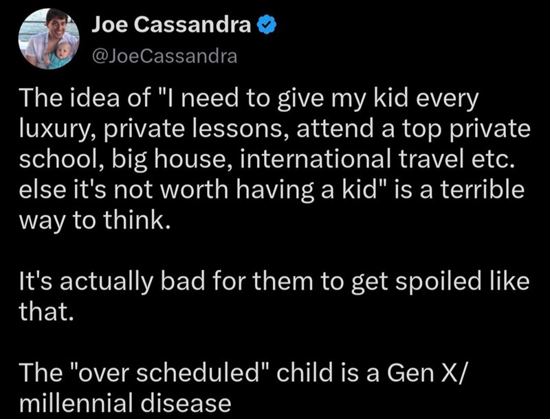 Joe Cassandra ❤ @JoeCassandra The idea of "I need to give my kid every luxury, private lessons, attend a top private school, big house, international travel etc. else it's not worth having a kid" is a terrible way to think. It's actually bad for them to get spoiled like that. The "over scheduled" child is a Gen X/ millennial disease