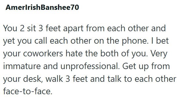 AmerlrishBanshee70 You 2 sit 3 feet apart from each other and yet you call each other on the phone. I bet your coworkers hate the both of you. Very immature and unprofessional. Get up from your desk, walk 3 feet and talk to each other face-to-face.