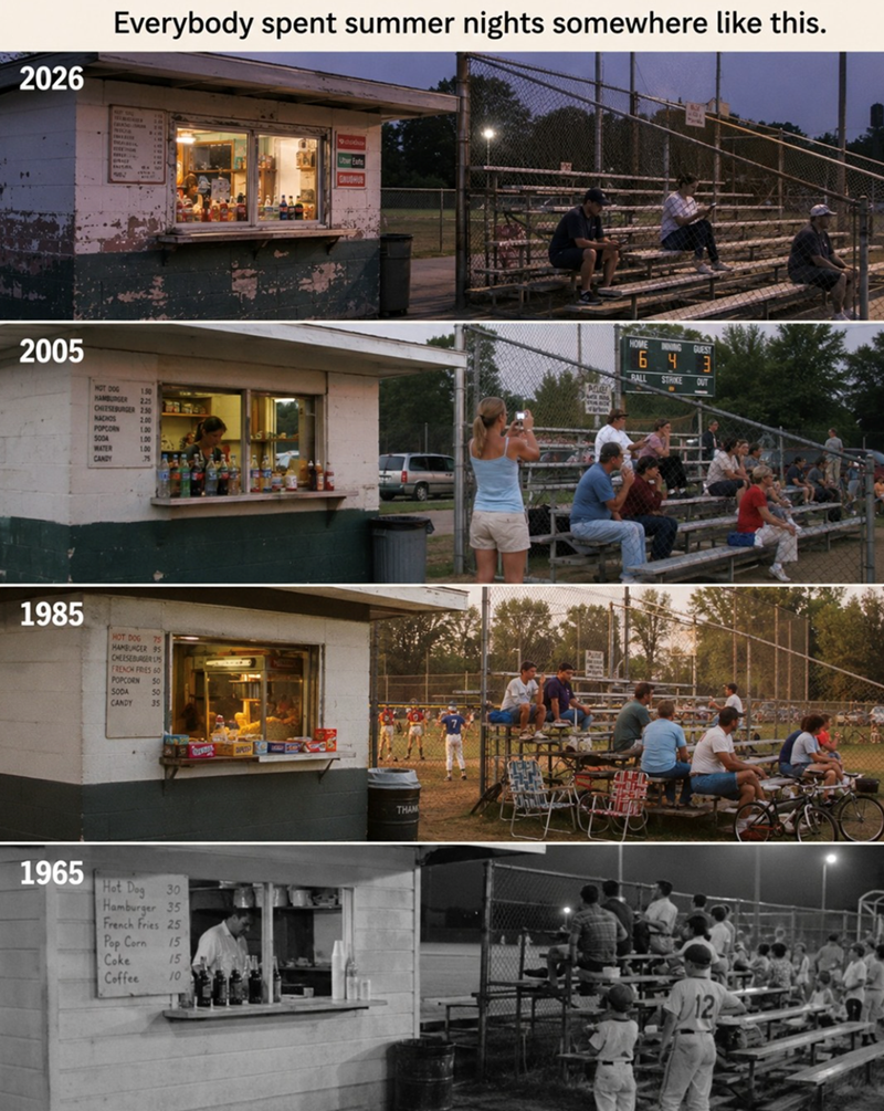 2026 Everybody spent summer nights somewhere like this. 2005 HOT DOG 150 HAMBURGER 225 CHEESEBURGER 2.50 NACHOS 200 POPCORN 1.00 5004 WATER 100 CANDY 83558884 75 1985 HOT DOG 75 HAMBURGER 95 CHEESEBURGER UPS FRENCH FRIES 60 POPCORN 50 SODA 50 CANDY 35 1965 Hot Dog Hamburger 35 French Fries 25 352550 Pop Corn Coke 15 15 Coffee 10 THAN HOME RALL STRIKE GUEST 3