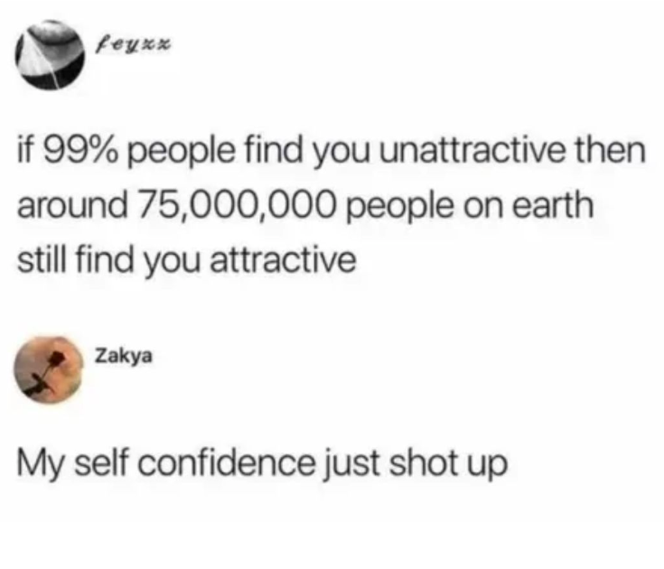 feyxx if 99% people find you unattractive then around 75,000,000 people on earth still find you attractive Zakya My self confidence just shot up