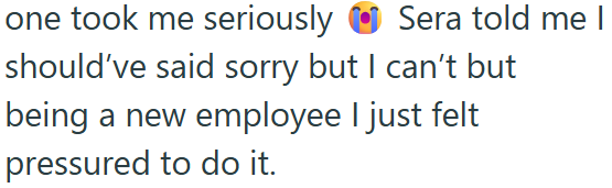 one took me seriously Sera told me should've said sorry but I can't but being a new employee I just felt pressured to do it.