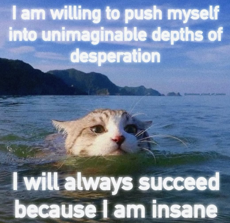 I am willing to push myself into unimaginable depths of desperation Cominous cloud of smoke I will always succeed because I am insane