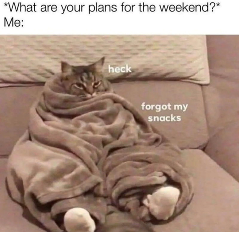 *What are your plans for the weekend?* Me: heck forgot my snacks