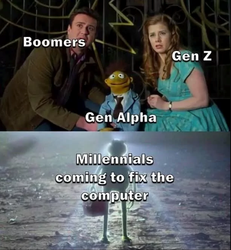Boomers Gen Z Gen Alpha Millennials coming to fix the computer
