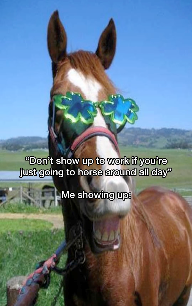 "Don't show up to work if you're just going to horse around all day" Me showing up: