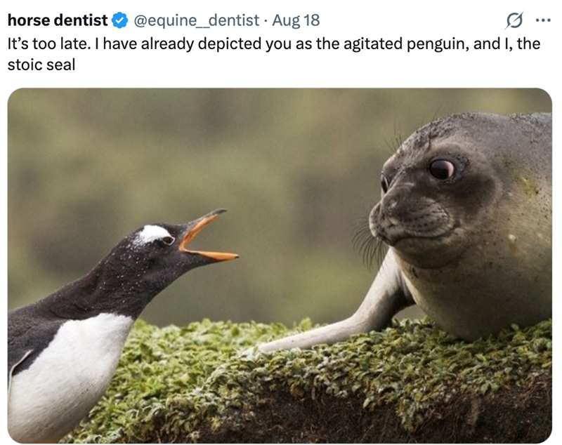 horse dentist @equine_dentist • Aug 18 . 0 It's too late. I have already depicted you as the agitated penguin, and I, the stoic seal