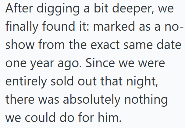 After digging a bit deeper, we finally found it: marked as a no- show from the exact same date one year ago. Since we were entirely sold out that night, there was absolutely nothing we could do for him.