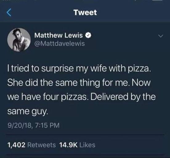 < Tweet Matthew Lewis @Mattdavelewis > I tried to surprise my wife with pizza. She did the same thing for me. Now we have four pizzas. Delivered by the same guy. 9/20/18, 7:15 PM 1,402 Retweets 14.9K Likes