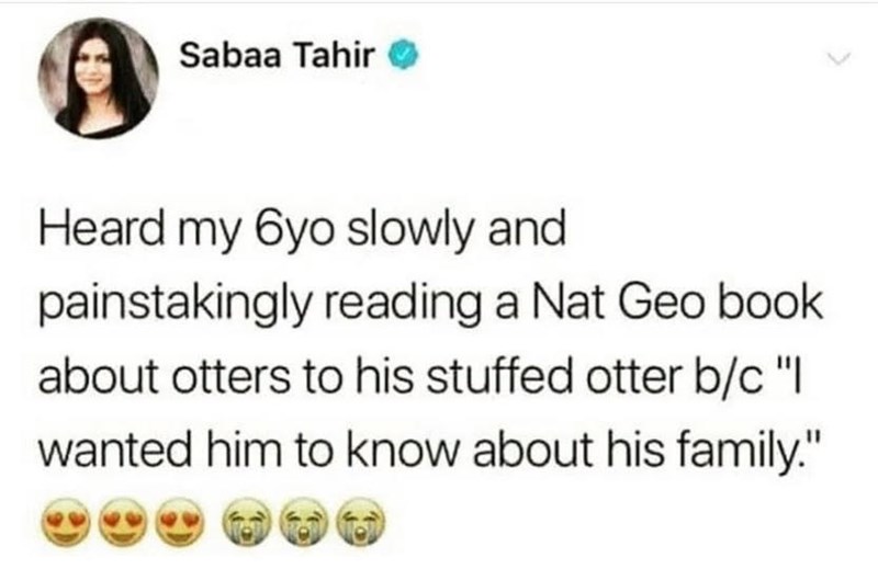 Sabaa Tahir Heard my 6yo slowly and painstakingly reading a Nat Geo book about otters to his stuffed otter b/c "I wanted him to know about his family."