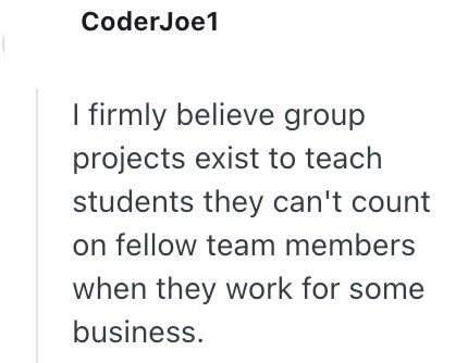 CoderJoe1 I firmly believe group projects exist to teach students they can't count on fellow team members when they work for some business.