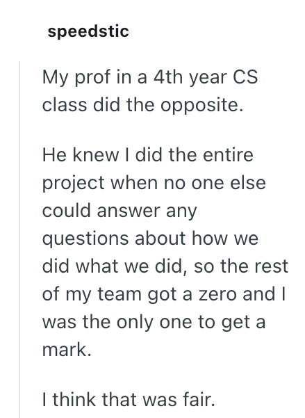 speedstic My prof in a 4th year CS class did the opposite. He knew I did the entire project when no one else could answer any questions about how we did what we did, so the rest of my team got a zero and I was the only one to get a mark. I think that was fair.