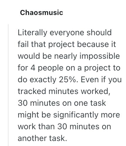 Chaosmusic Literally everyone should fail that project because it would be nearly impossible for 4 people on a project to do exactly 25%. Even if you tracked minutes worked, 30 minutes on one task might be significantly more work than 30 minutes on another task.