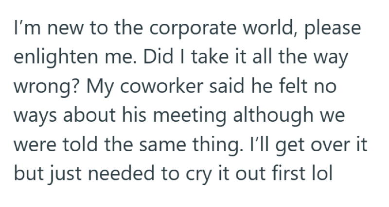 I'm new to the corporate world, please enlighten me. Did I take it all the way wrong? My coworker said he felt no ways about his meeting although we were told the same thing. I'll get over it but just needed to cry it out first lol
