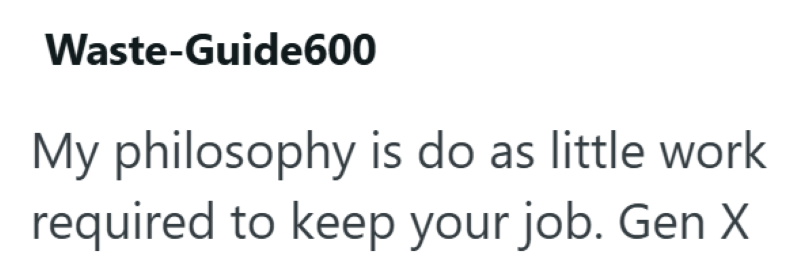 Waste-Guide600 My philosophy is do as little work required to keep your job. Gen X