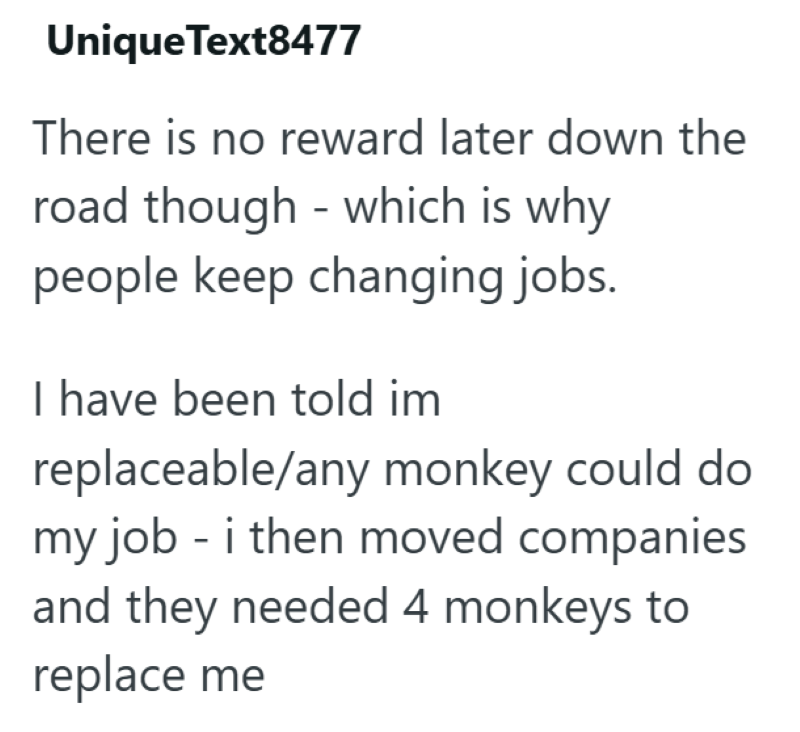 UniqueText8477 There is no reward later down the road though which is why people keep changing jobs. I have been told im replaceable/any monkey could do my job - i then moved companies and they needed 4 monkeys to replace me
