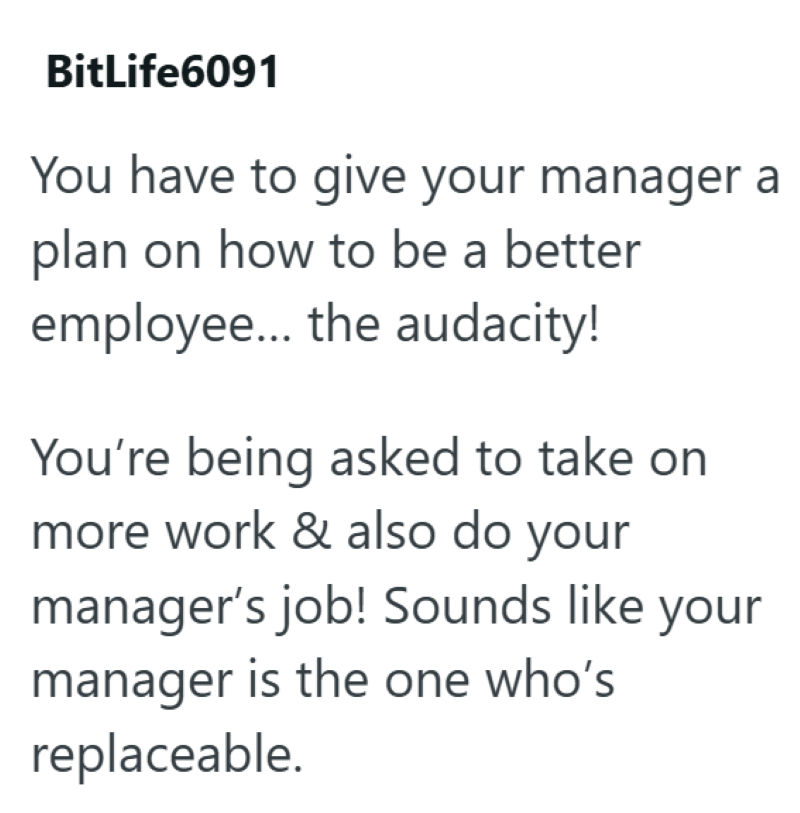 BitLife6091 You have to give your manager a plan on how to be a better employee... the audacity! You're being asked to take on more work & also do your manager's job! Sounds like your manager is the one who's replaceable.