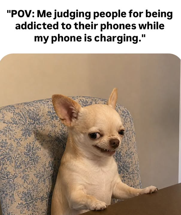"POV: Me judging people for being addicted to their phones while my phone is charging."