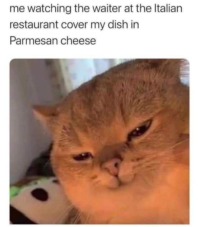 me watching the waiter at the Italian restaurant cover my dish in Parmesan cheese
