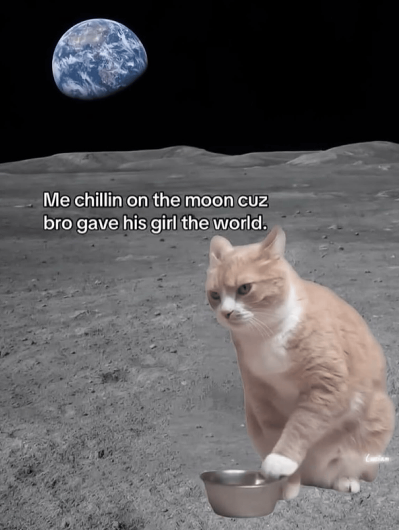 Me chillin on the moon CUZ bro gave his girl the world.