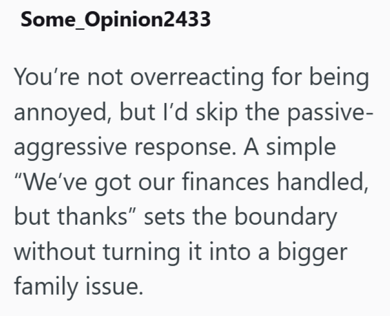Some_Opinion2433 You're not overreacting for being annoyed, but I'd skip the passive- aggressive response. A simple "We've got our finances handled, but thanks" sets the boundary without turning it into a bigger family issue.