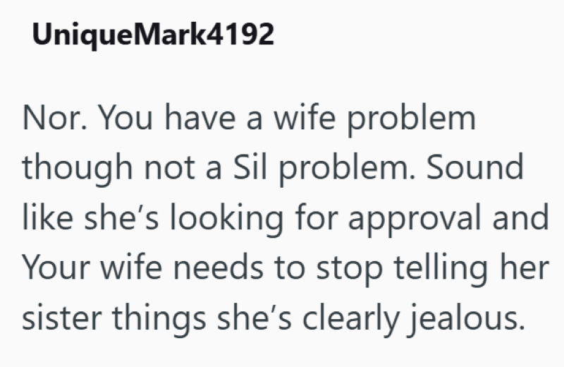 UniqueMark4192 Nor. You have a wife problem though not a Sil problem. Sound like she's looking for approval and Your wife needs to stop telling her sister things she's clearly jealous.