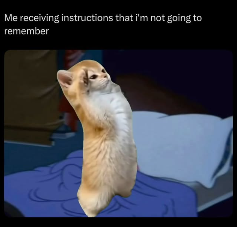 Me receiving instructions that i'm not going to remember