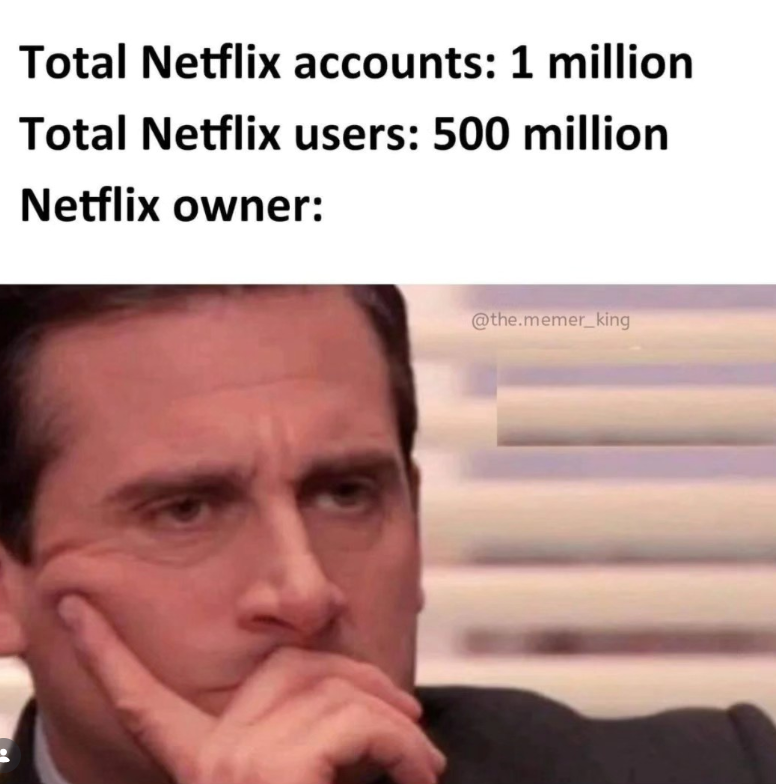 Total Netflix accounts: 1 million Total Netflix users: 500 million Netflix owner: @the.memer_king