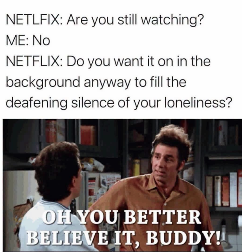 NETLFIX: Are you still watching? ME: No NETFLIX: Do you want it on in the background anyway to fill the deafening silence of your loneliness? OH YOU BETTER BELIEVE IT, BUDDY!!