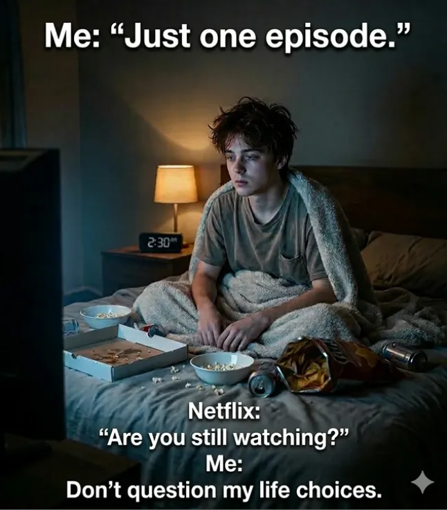 Me: "Just one episode." 2:30 Netflix: "Are you still watching?" Me: Don't question my life choices.