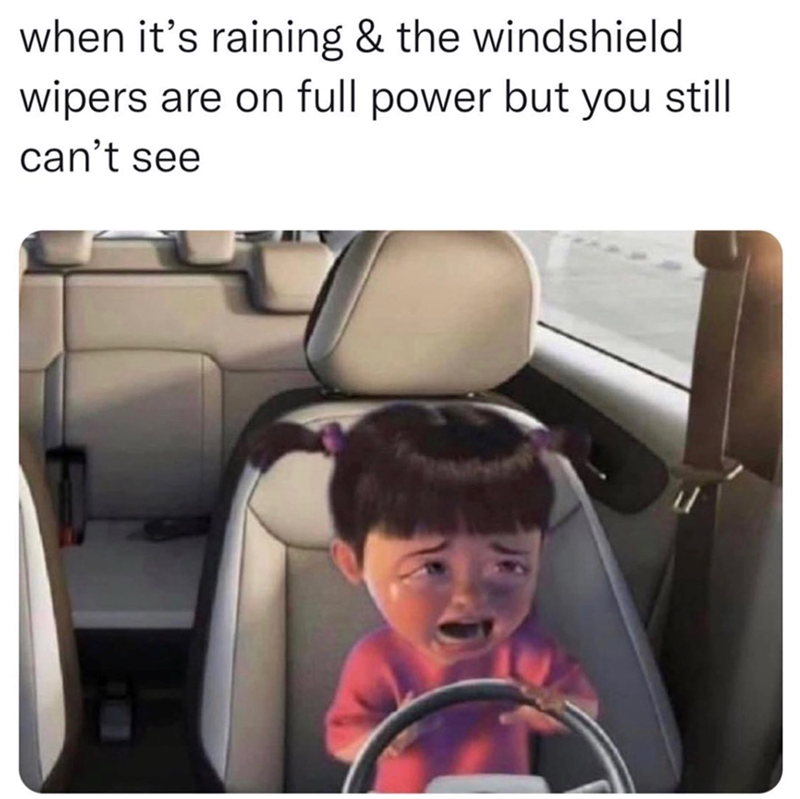 when it's raining & the windshield wipers are on full power but you still can't see