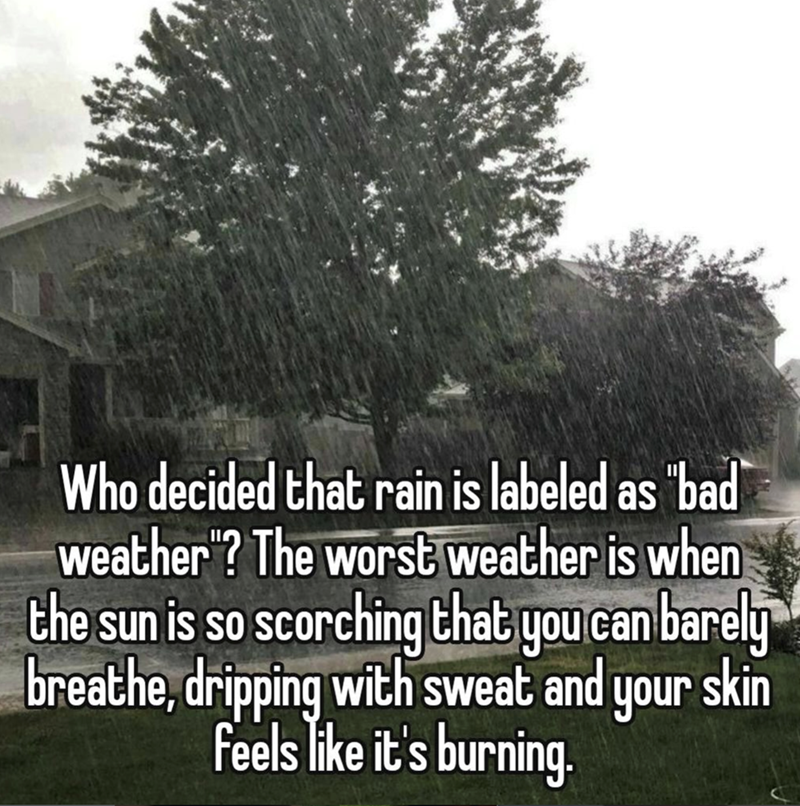 Who decided that rain is labeled as "bad" weather"? The worst weather is when the sun is so scorching that you can barely breathe, dripping with sweat and your skin Feels like it's burning.