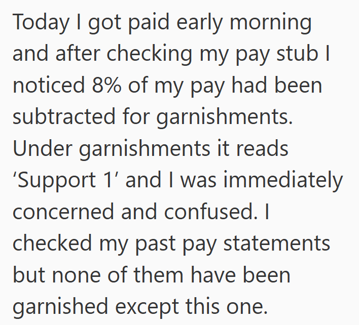 Today I got paid early morning and after checking my pay stub I noticed 8% of my pay had been subtracted for garnishments. Under garnishments it reads 'Support 1' and I was immediately concerned and confused. I checked my past pay statements but none of them have been garnished except this one.