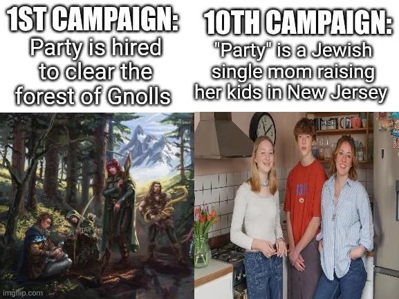 1ST CAMPAIGN: 10TH CAMPAIGN: Party is hired to clear the forest of Gnolls "Party" is a Jewish single mom raising her kids in New Jersey imgflip.com